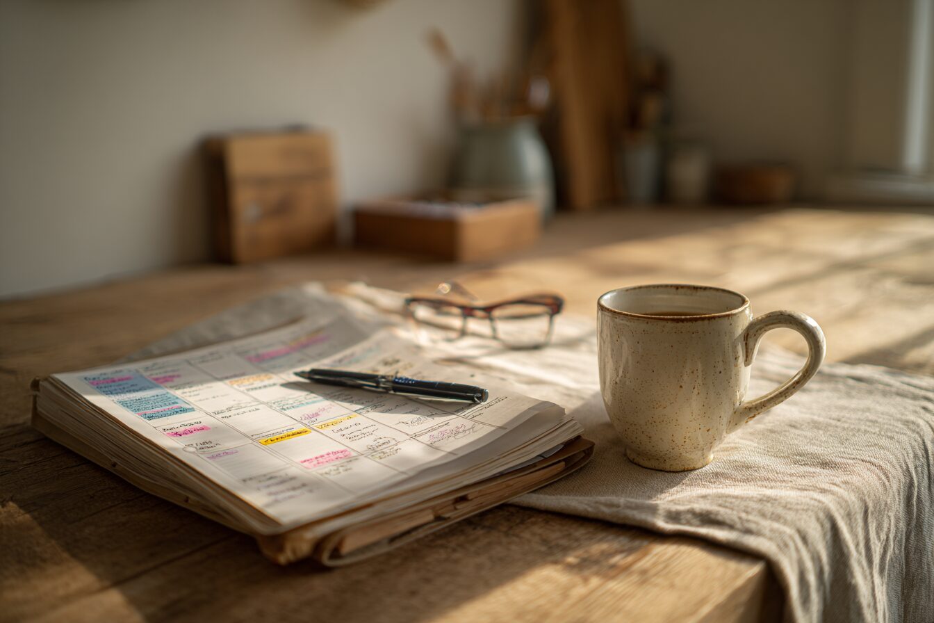 A kitchen table covered in medical paperwork and folders