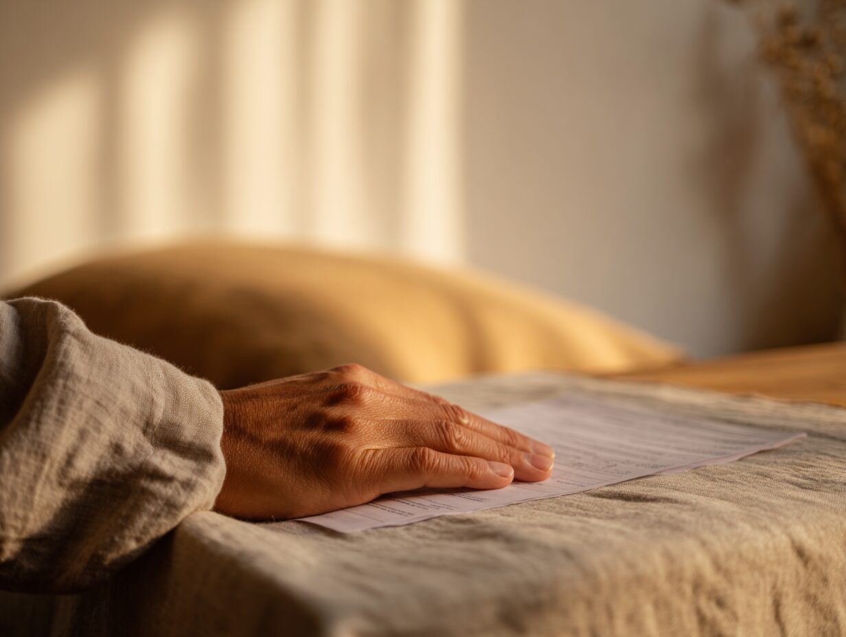 A hand resting quietly on an unopened manila envelope on a kitchen table in late afternoon light.