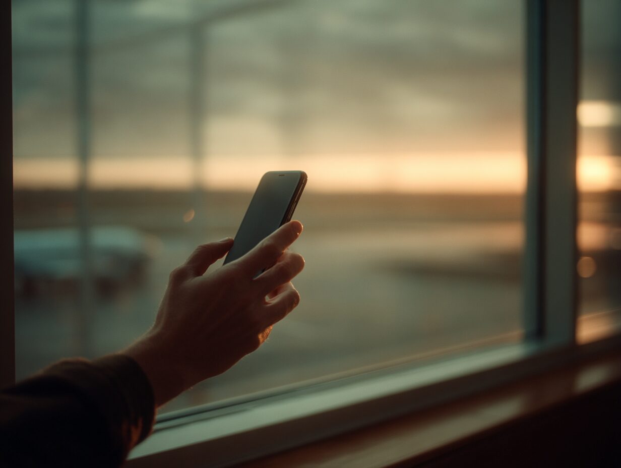 A smartphone glowing in a hand, held up against a softly out-of-focus airport window at dusk.