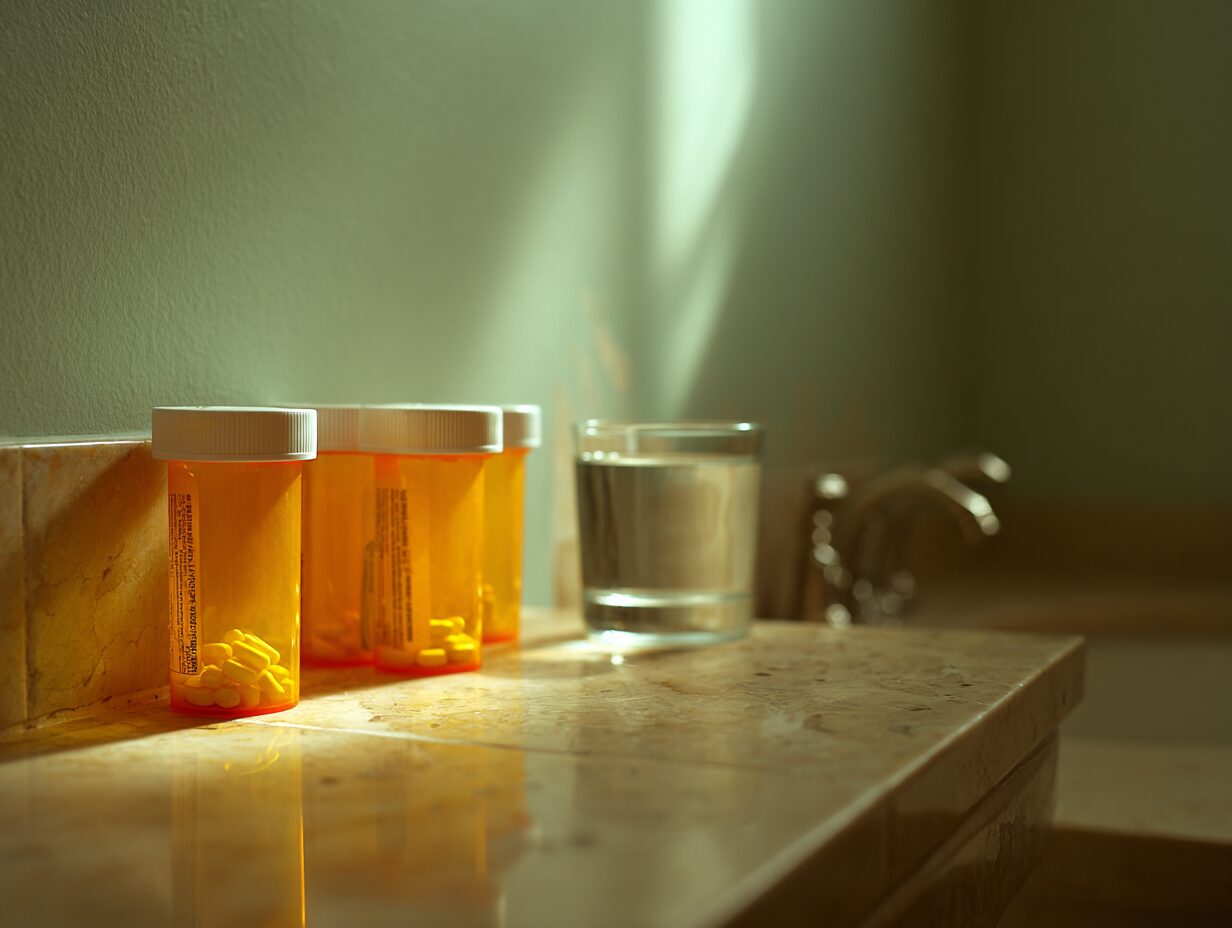 A row of amber prescription pill bottles on a bathroom counter in soft morning light.